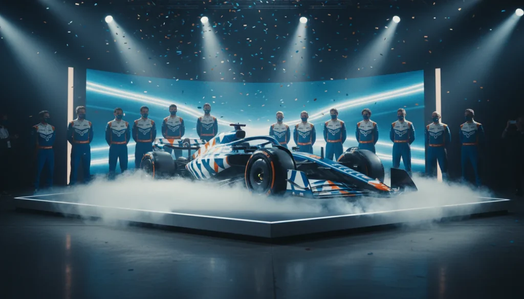 Formel-1-Rennwagen eines neuen Teams bei der Präsentation in der Boxengasse