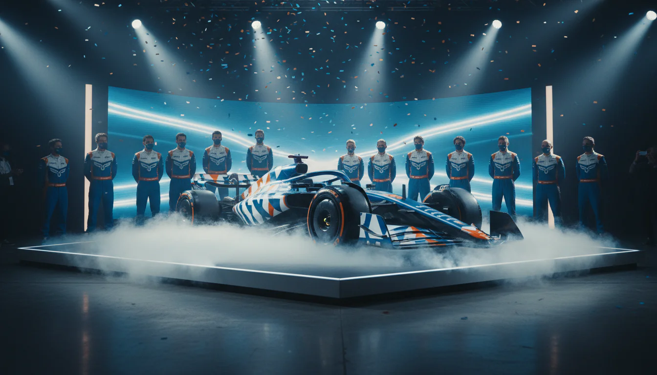 Formel-1-Rennwagen eines neuen Teams bei der Präsentation in der Boxengasse