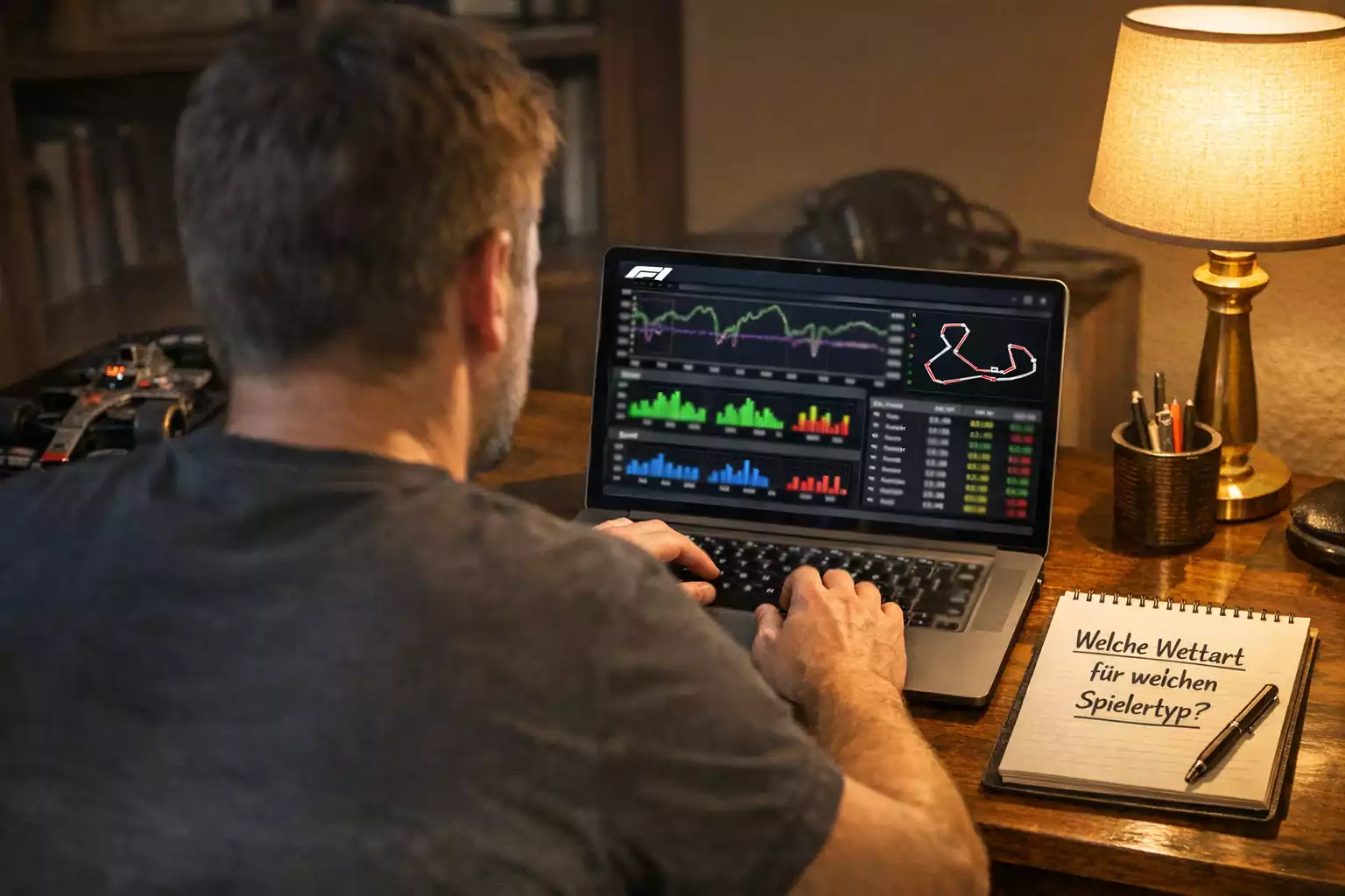 Person analysiert F1 Renndaten auf einem Laptop