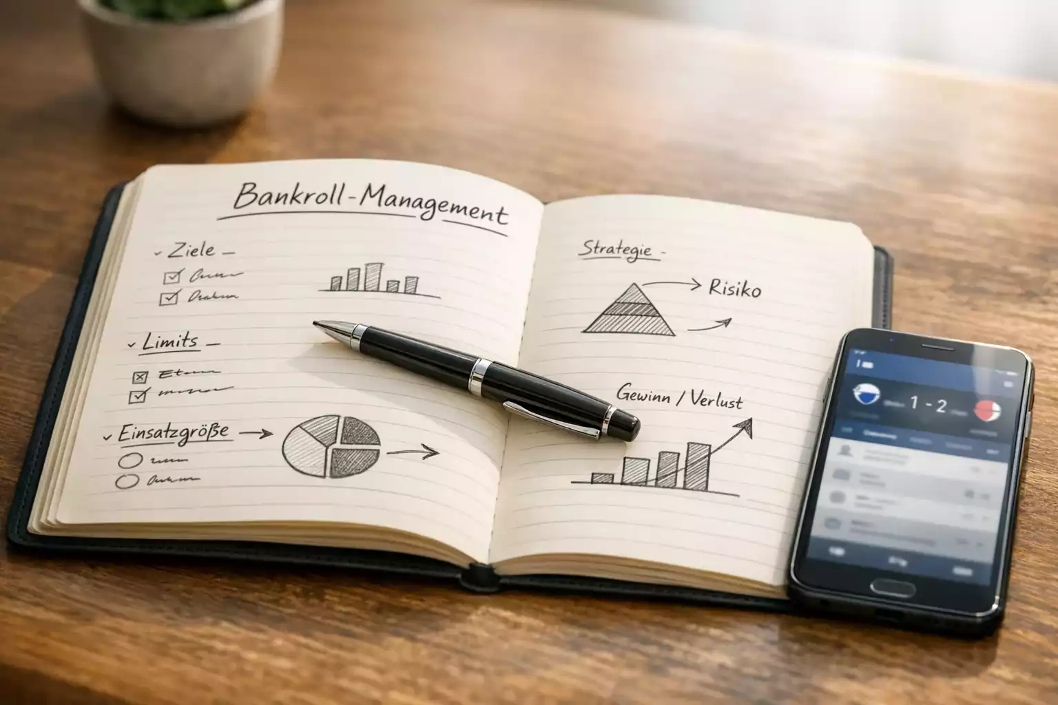 Notizbuch mit Stift für Wettplanung und Budgetkontrolle