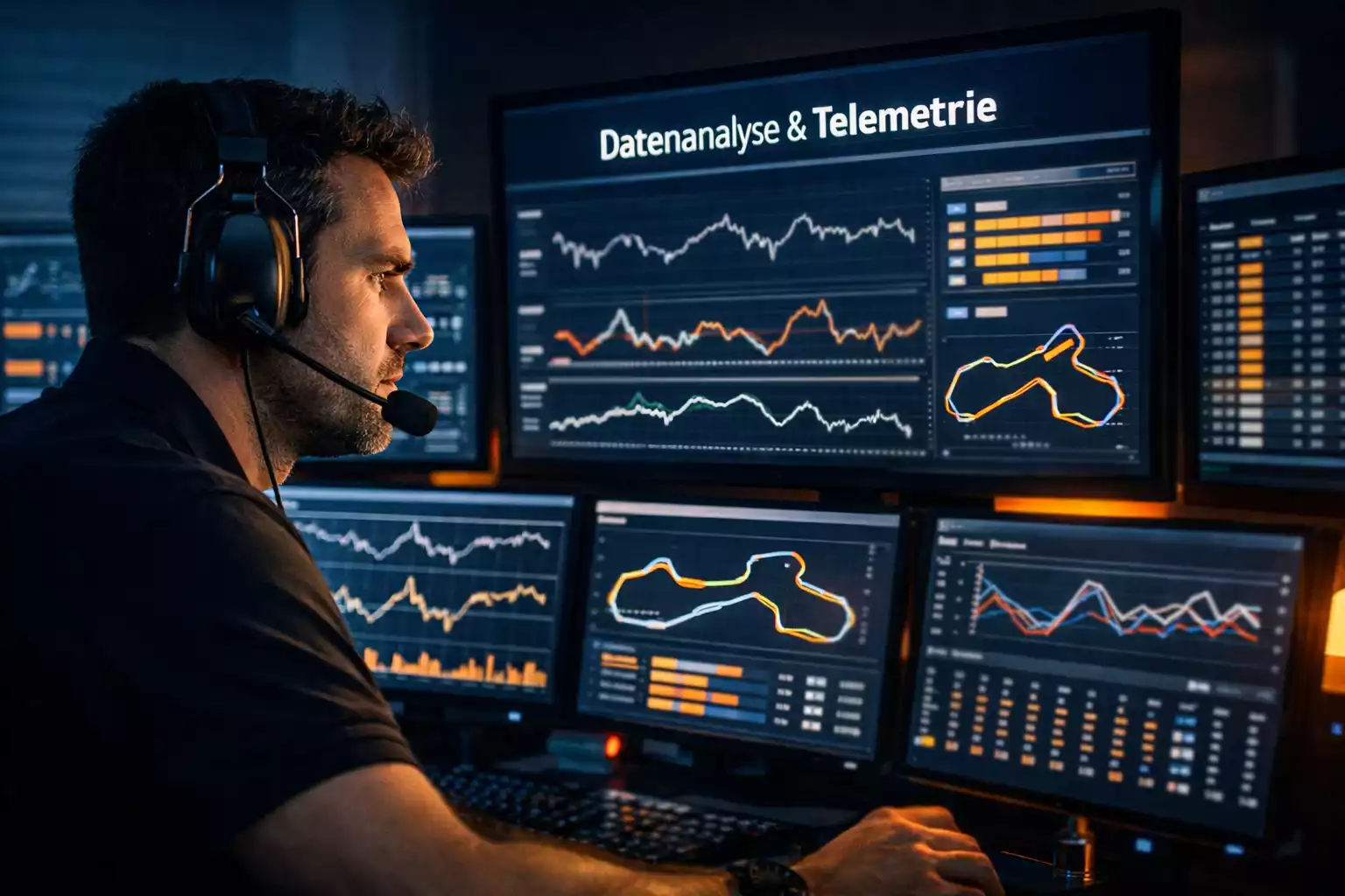 Formel 1 Ingenieur analysiert Telemetriedaten am Monitor