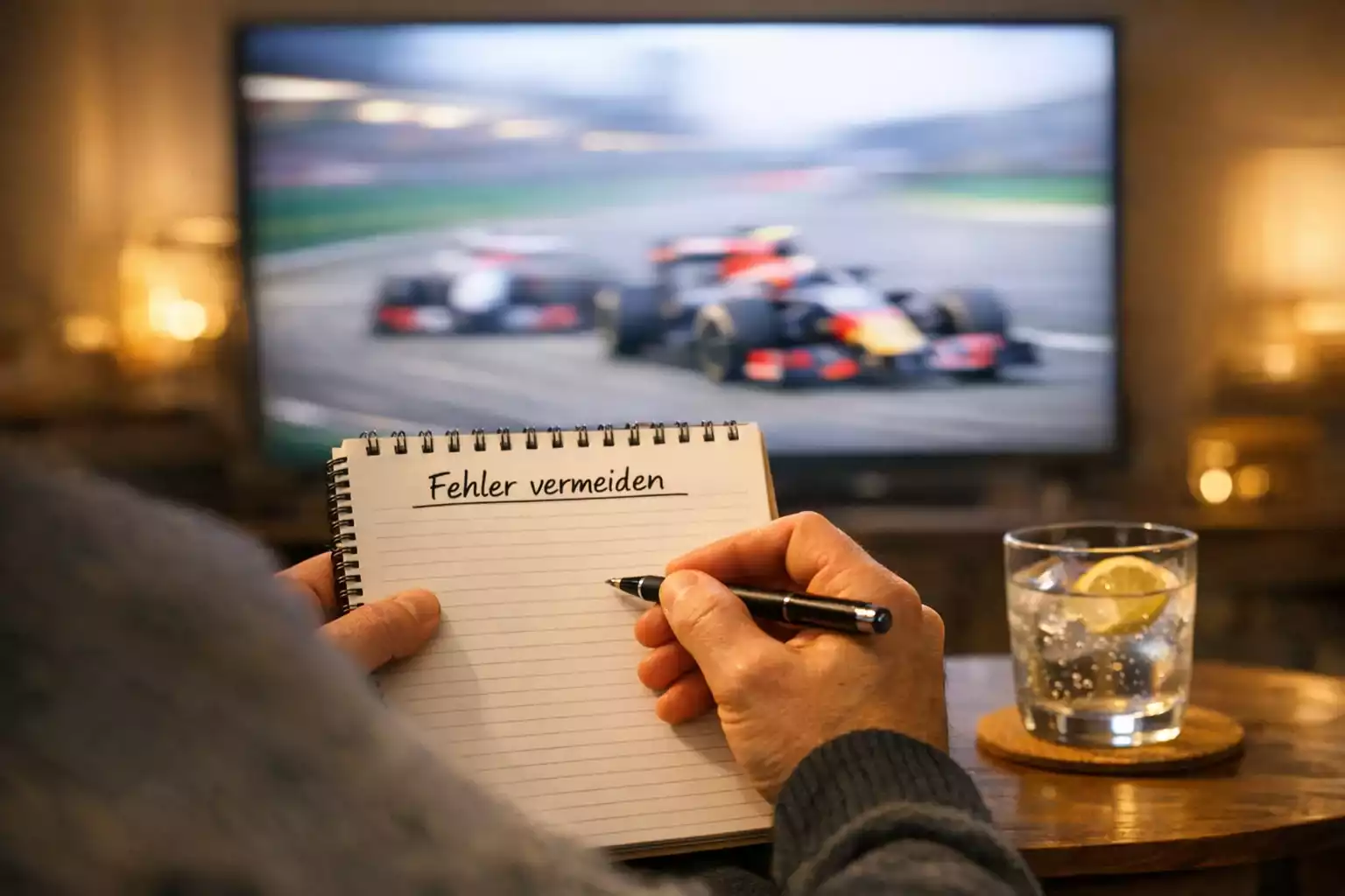 Person macht Notizen während eines Formel 1 Rennens auf dem Fernseher