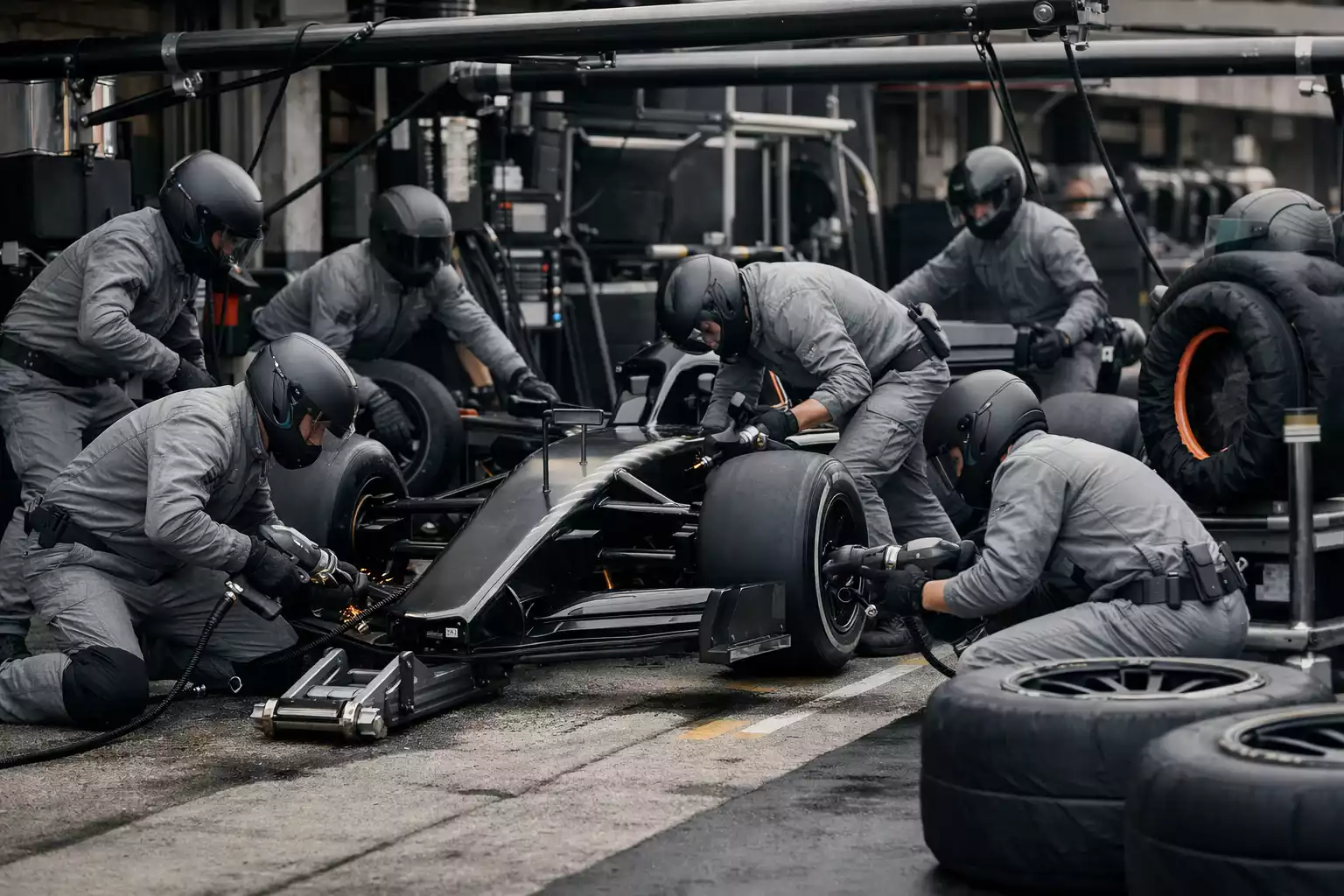 Formel 1 Boxenstopp mit Mechanikern bei der Arbeit