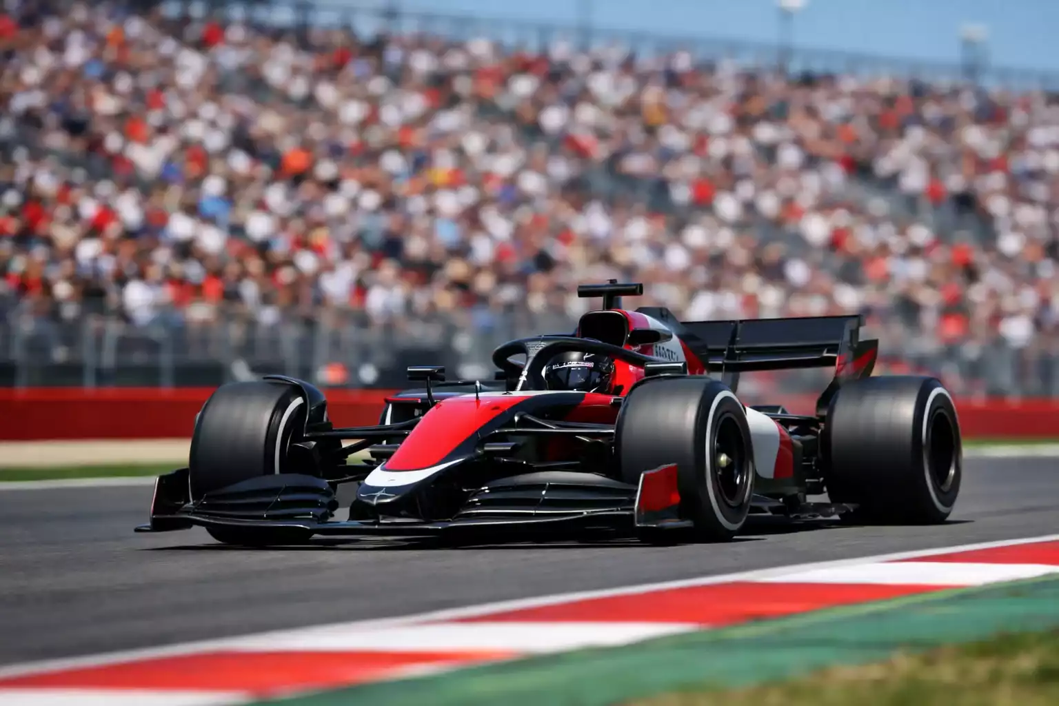 Formel 1 Rennwagen auf der Rennstrecke mit Fans im Hintergrund