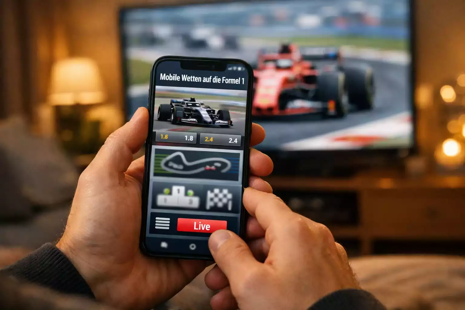 Smartphone zeigt Sportwetten-App mit Formel 1 Inhalten