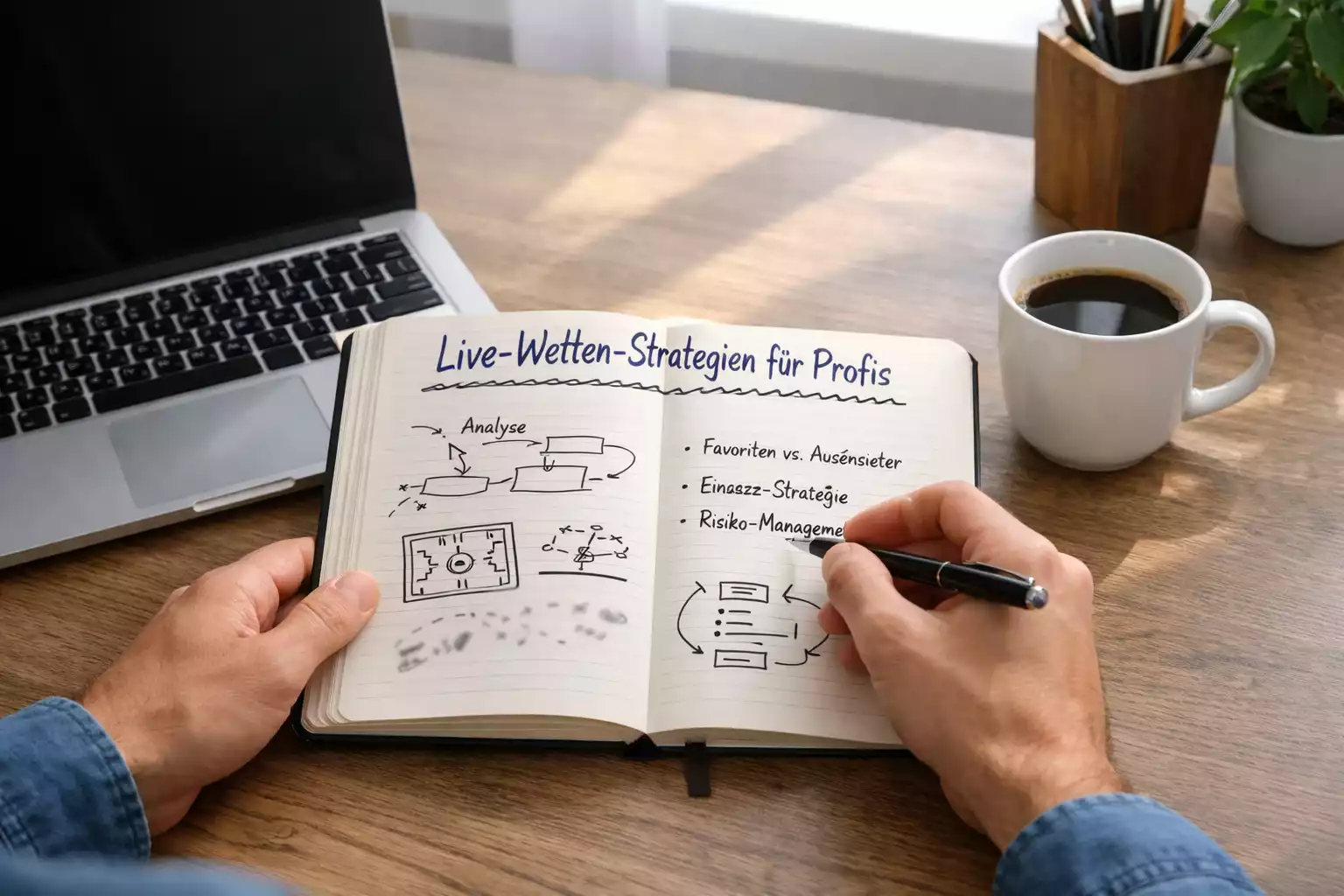 Person plant Wettstrategie mit Notizen und Laptop