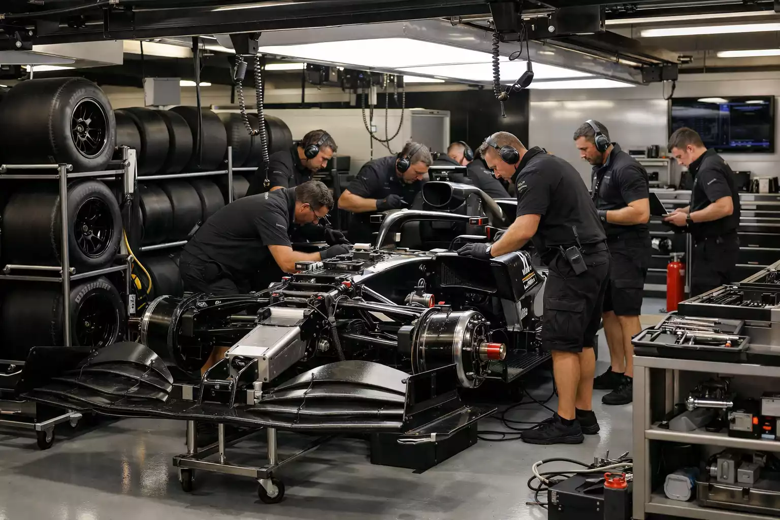 Formel 1 Team arbeitet am Rennwagen in der Boxengasse