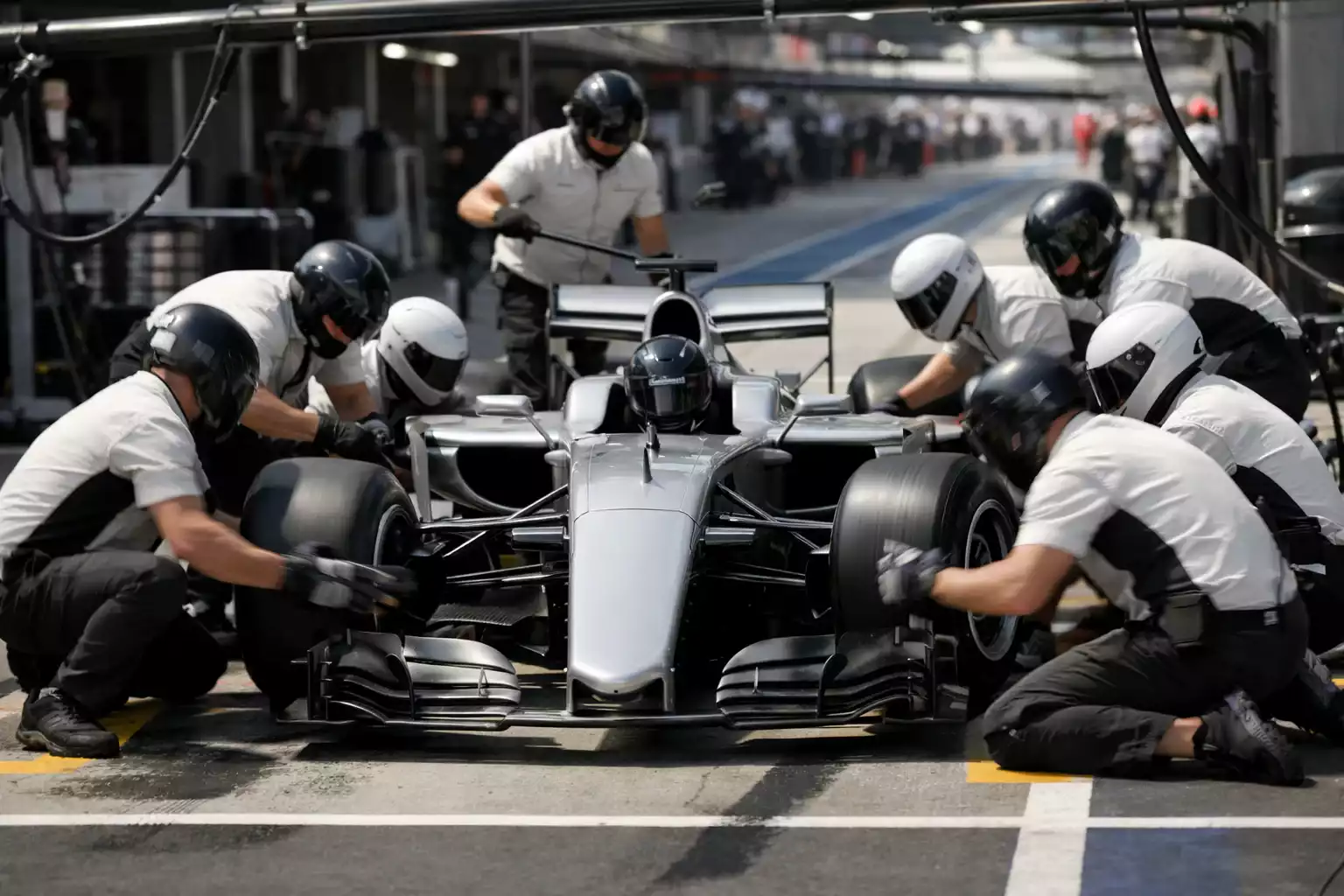 Formel 1 Team bei einem Boxenstopp während des Rennens