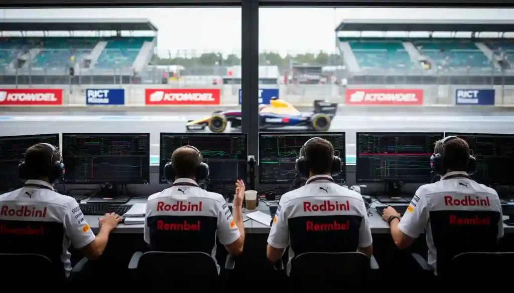 Formel-1-Team überwacht Trainingsdaten auf Monitoren in der Boxenmauer