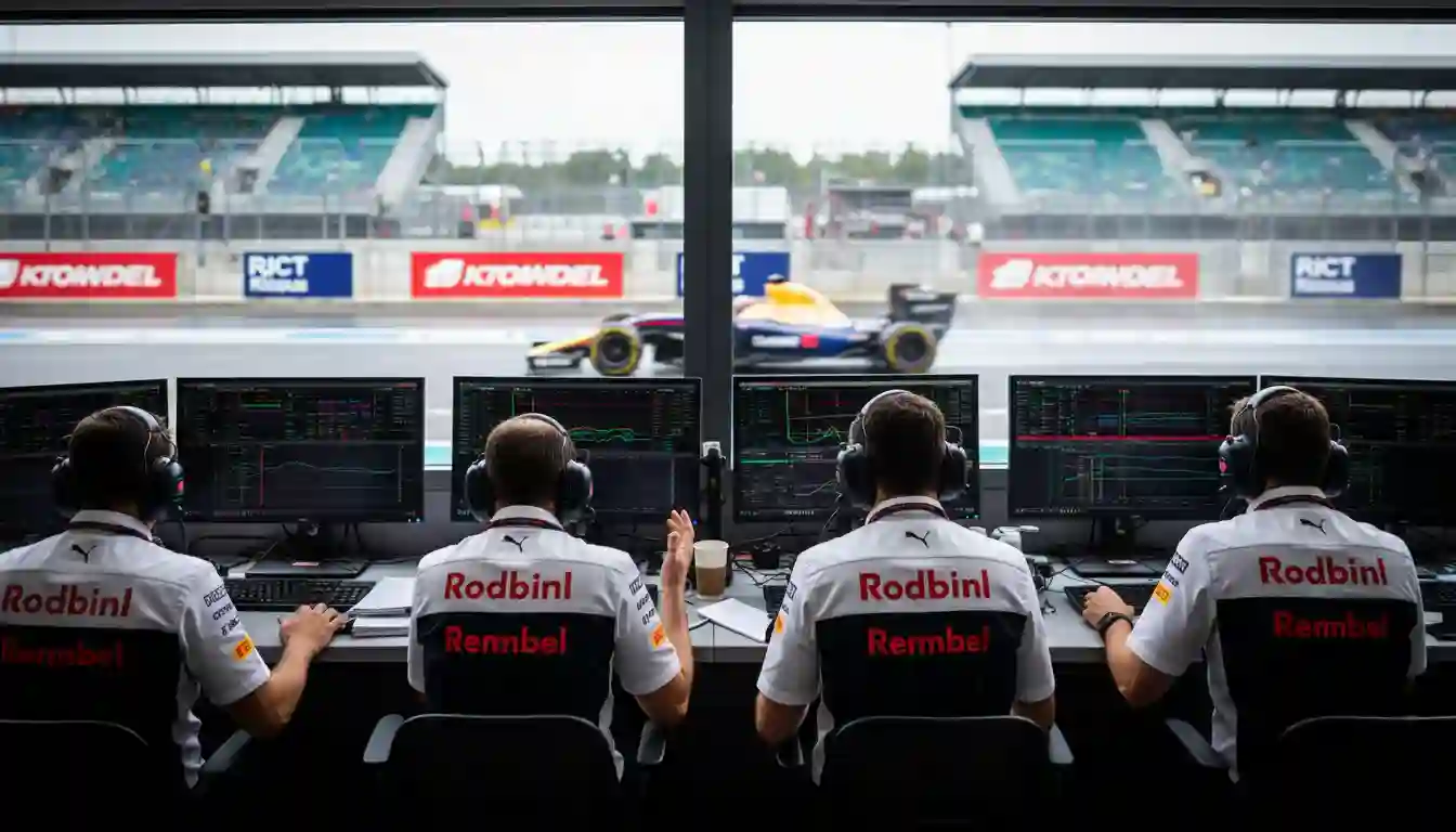 Formel-1-Team überwacht Trainingsdaten auf Monitoren in der Boxenmauer