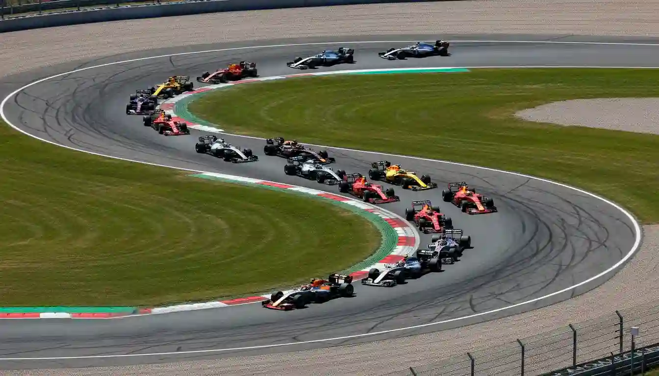 Mehrere Formel-1-Rennwagen eng beieinander in einer Kurvenkombination