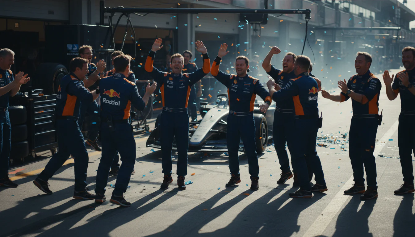 Formel-1-Team feiert in der Boxengasse nach einem erfolgreichen Rennen
