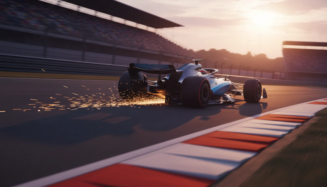 Formel-1-Bolide fährt bei Geschwindigkeit durch eine Kurve auf der Rennstrecke