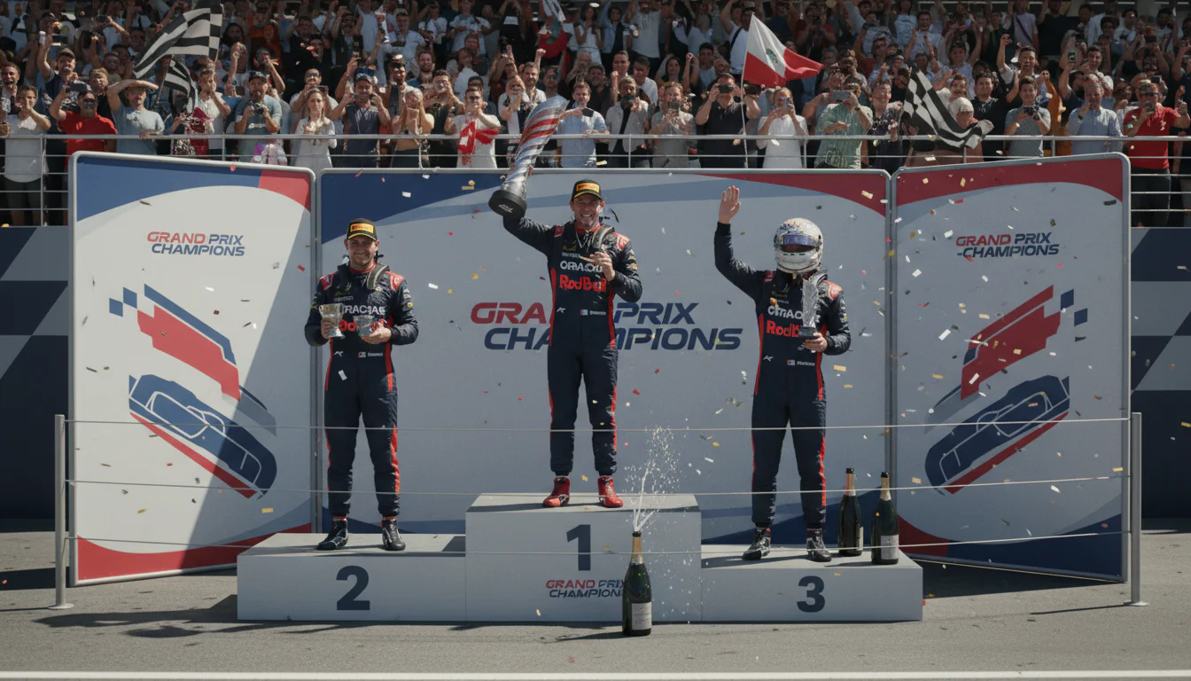 Formel-1-Podium mit drei Fahrern bei der Siegerehrung nach einem Grand Prix