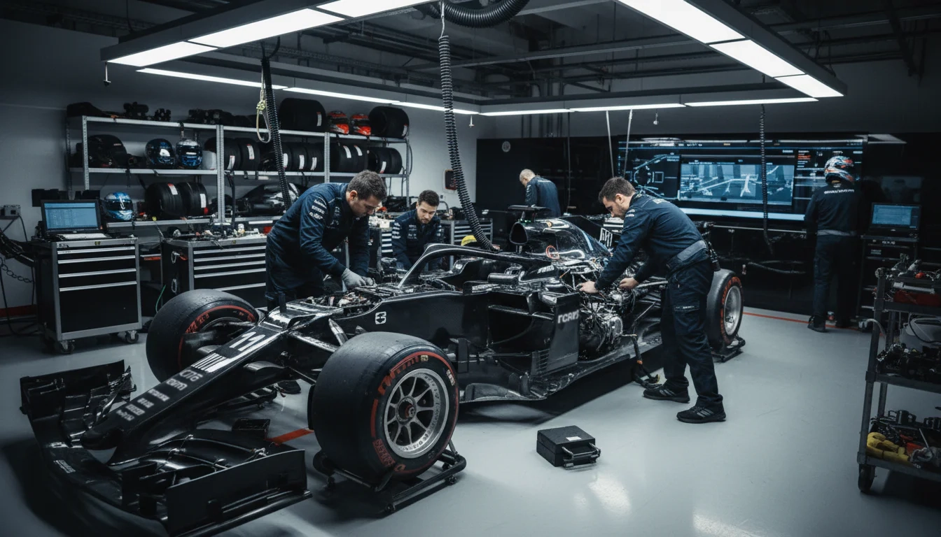 Formel-1-Ingenieure arbeiten am neuen Rennwagen in der Boxengarage