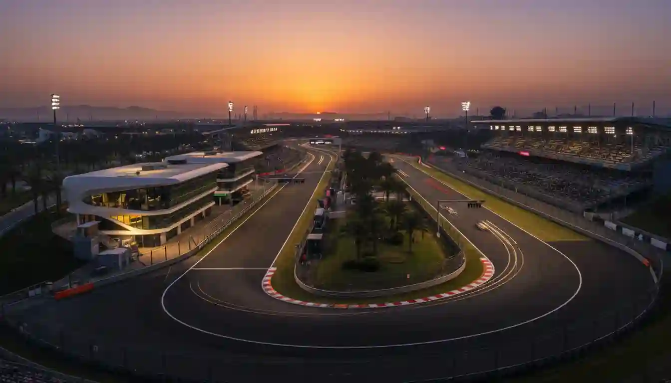 Formel-1-Rennstrecke bei Sonnenuntergang mit beleuchteter Boxengasse