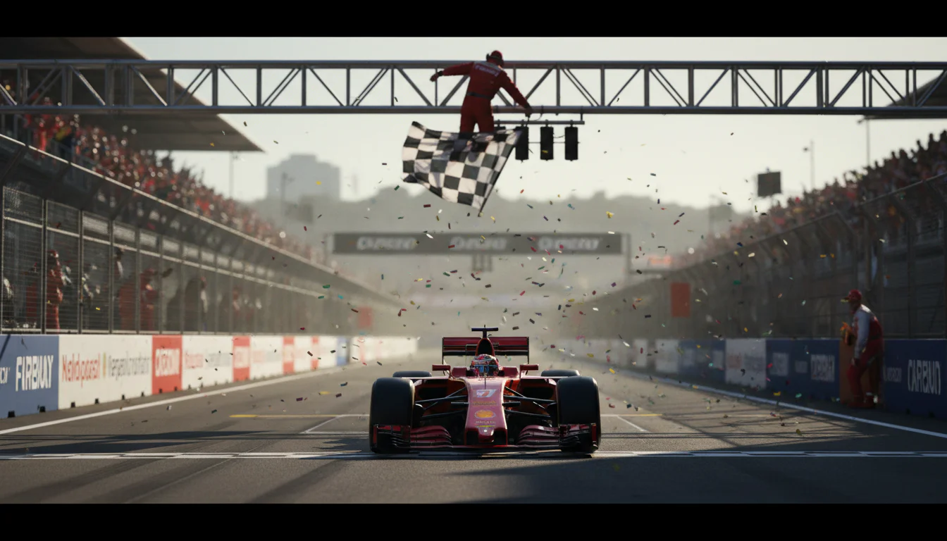 Formel-1-Fahrer überquert die Ziellinie als Erster mit Zielflagge