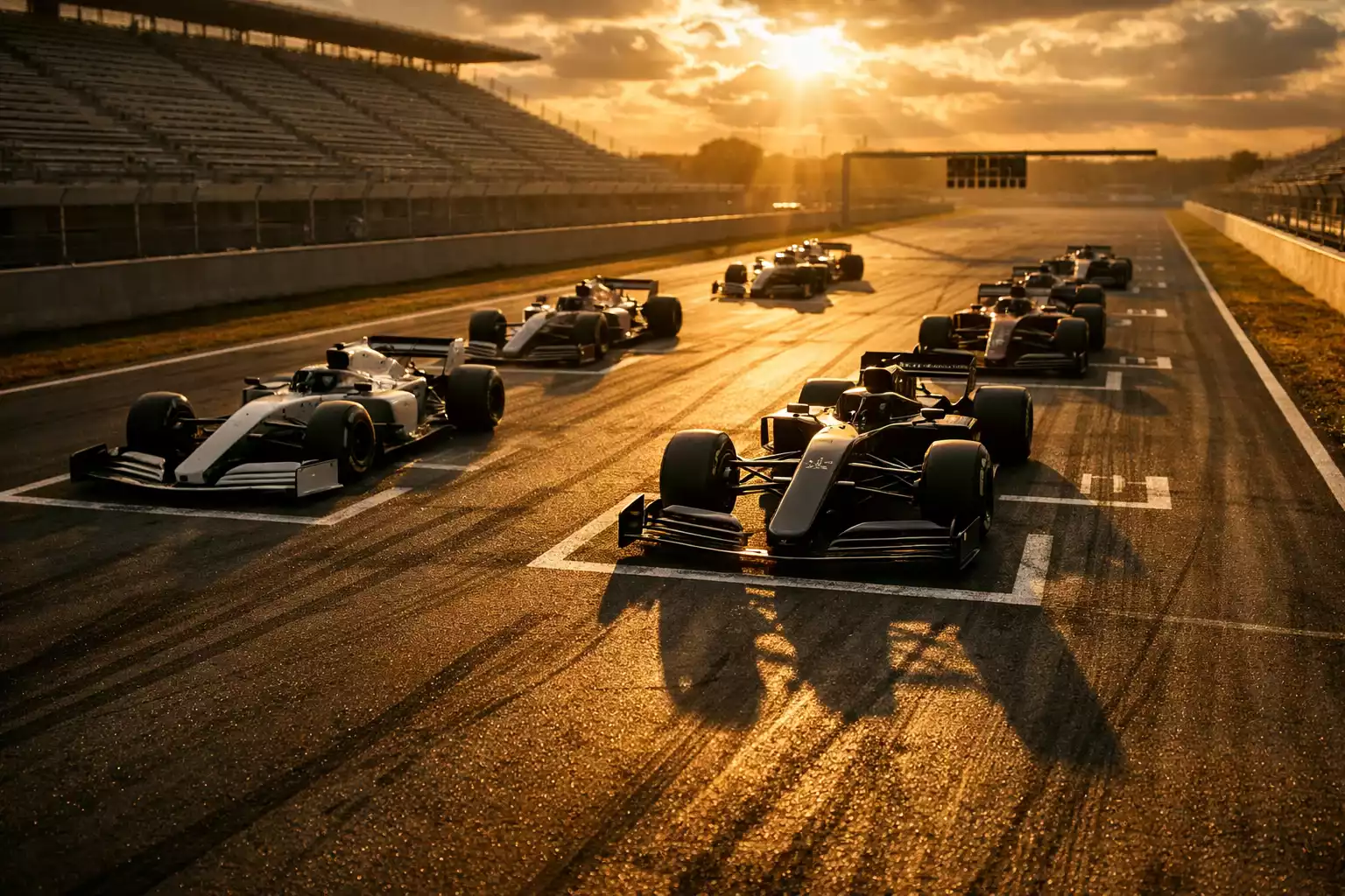 Formel 1 Rennwagen am Start einer Rennstrecke bei Sonnenuntergang