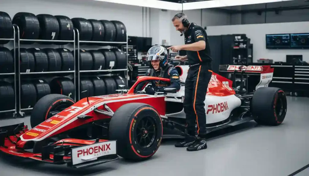 Junger Formel-1-Fahrer steigt zum ersten Mal in sein Cockpit ein