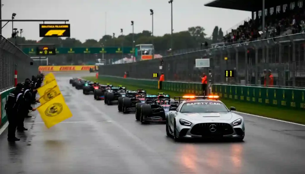 Safety Car vor dem Formel-1-Feld auf der Rennstrecke bei Gelb-Phase