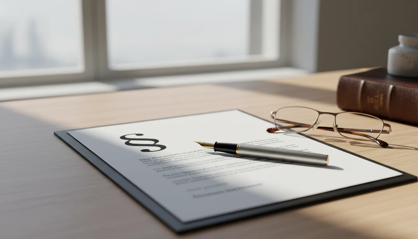 Dokument mit Paragraphenzeichen und Stift auf einem Schreibtisch
