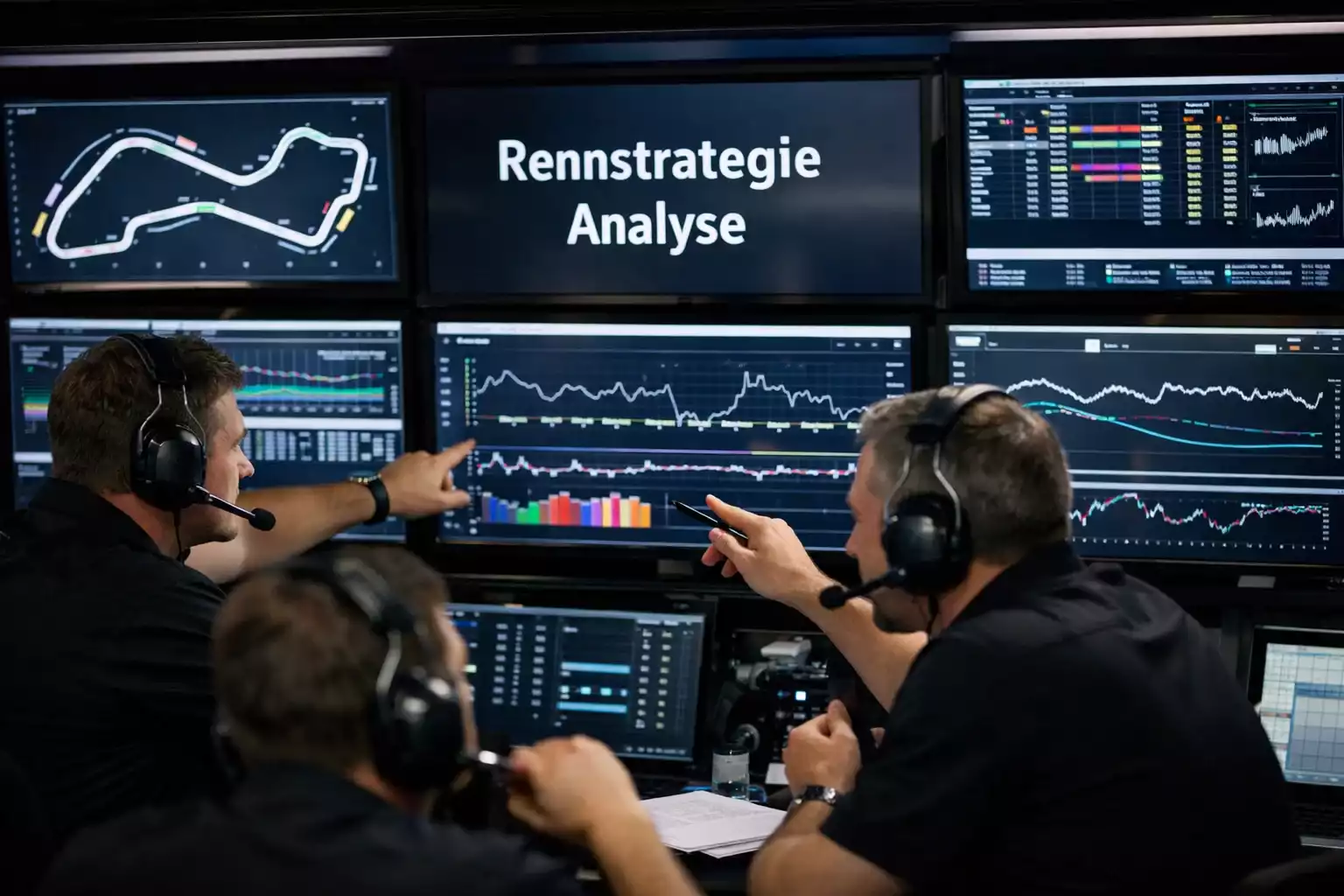 Formel 1 Ingenieure bei Strategiebesprechung an Bildschirmen