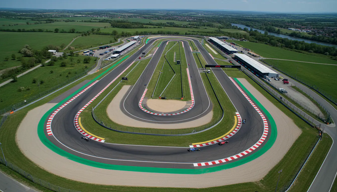 Luftaufnahme einer Formel-1-Rennstrecke mit Kurven und Geraden