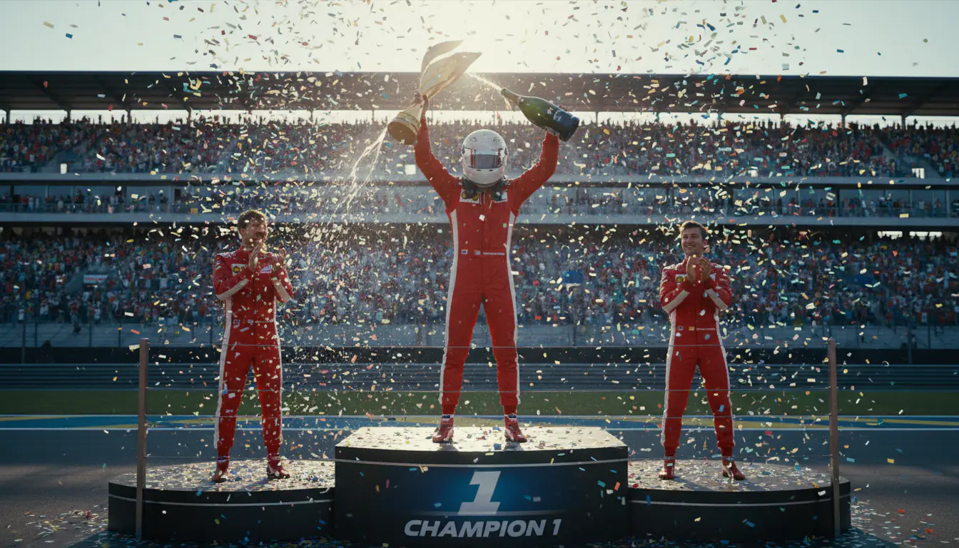 Formel-1-Fahrer feiert den WM-Titel mit Pokal und Champagner