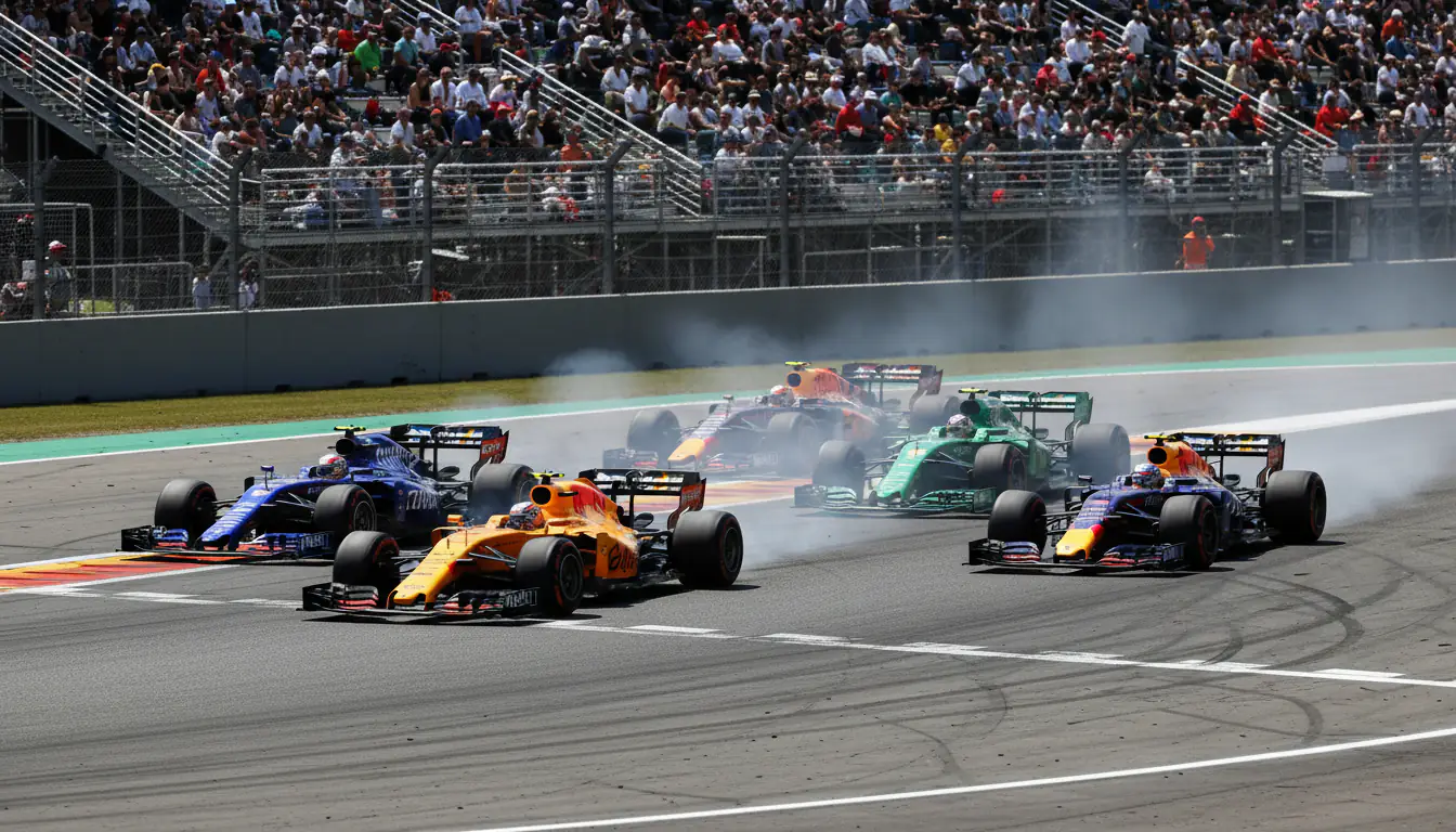 Mehrere Formel-1-Autos kämpfen Seite an Seite in der ersten Kurve