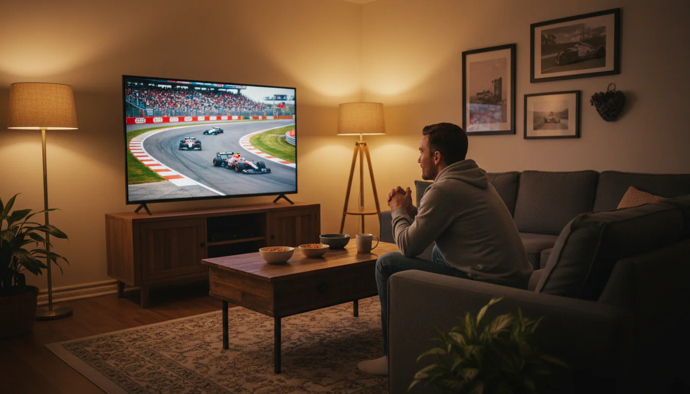 Person verfolgt ein Formel-1-Rennen auf dem Bildschirm zu Hause