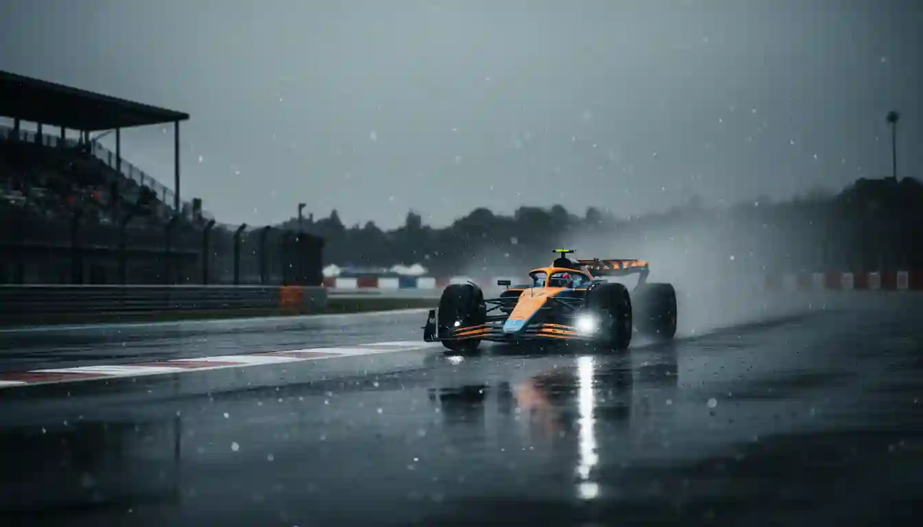 Formel-1-Rennwagen fährt bei starkem Regen mit Sprühwasser auf nasser Strecke