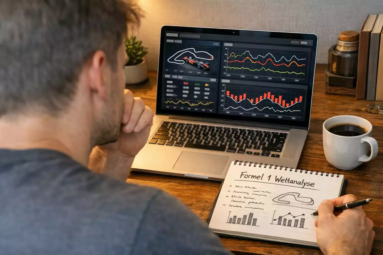 Person analysiert Formel 1 Statistiken auf Laptop