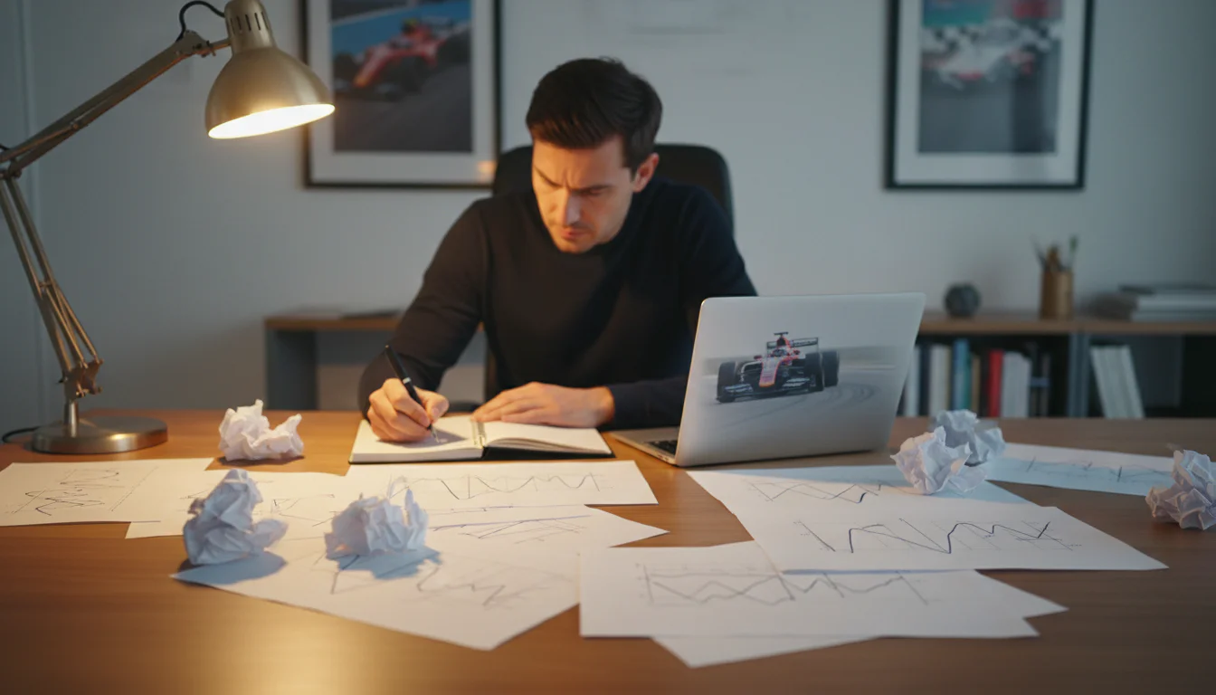 Person analysiert Formel-1-Daten und Statistiken auf einem Schreibtisch