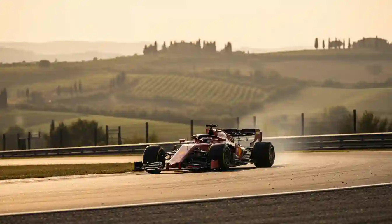 Roter Formel-1-Rennwagen von Ferrari auf der Rennstrecke in Fahrt