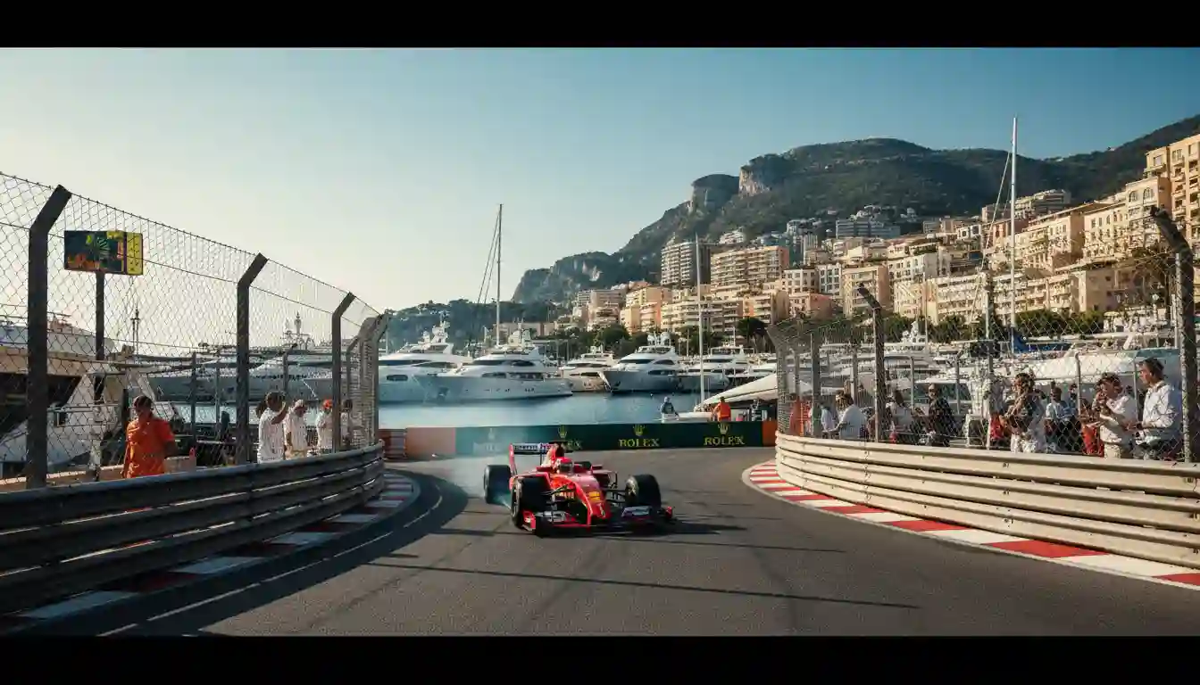 Formel-1-Rennwagen fährt durch die enge Hafenpassage in Monaco